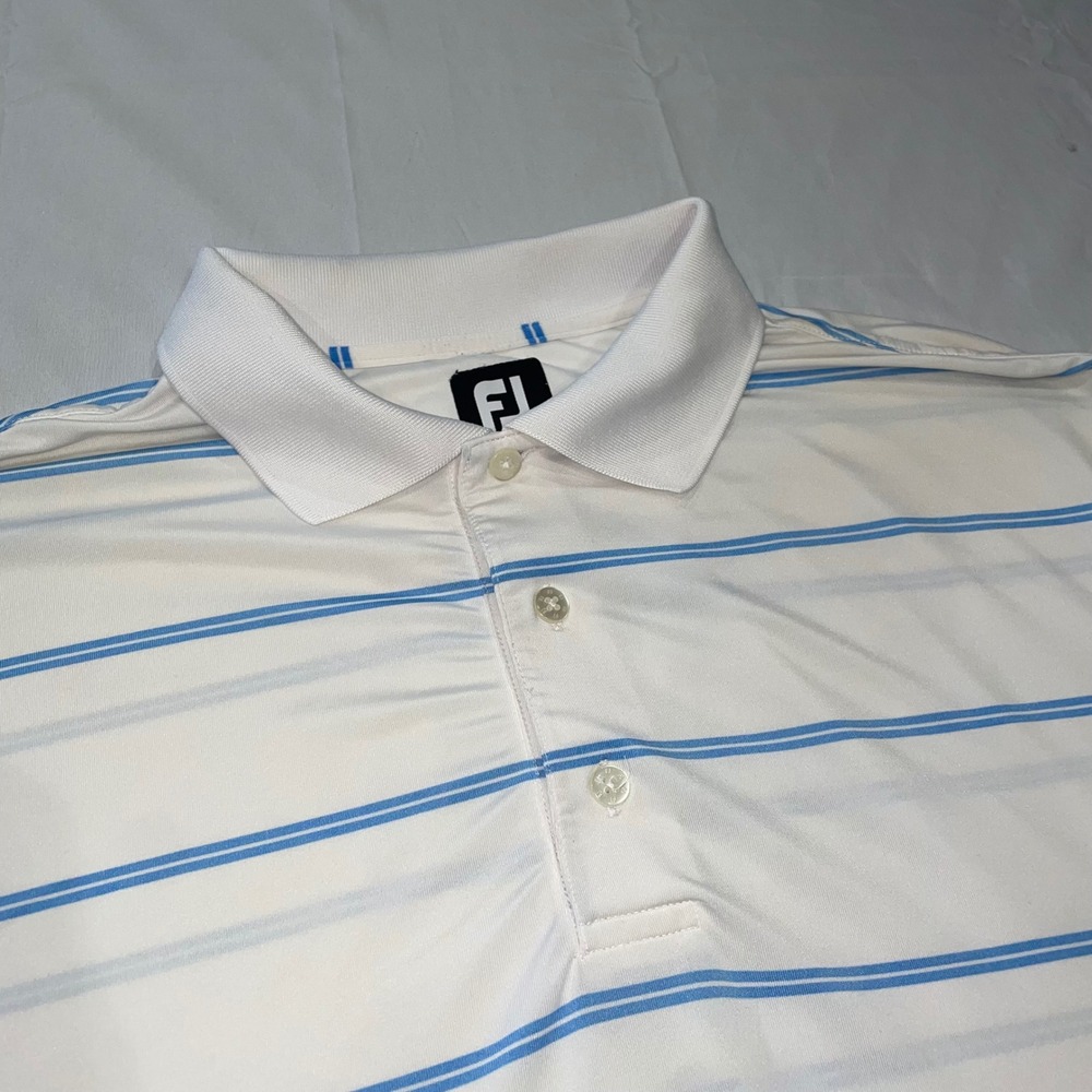 FootJoy Mens XL Striped Golf Polo Shirt‎ White Blue Performance Short Sleeve
